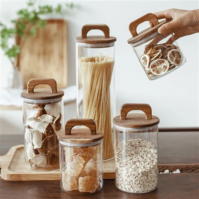 아카시아 나무 손잡이 뚜껑이 달린 둥근 유리 보관 용기